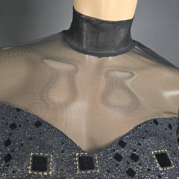 Y2K Black Glitter Mesh Top Flocked Velvet Size S Whimsigoth Goth Grunge - Picture 2 of 9
